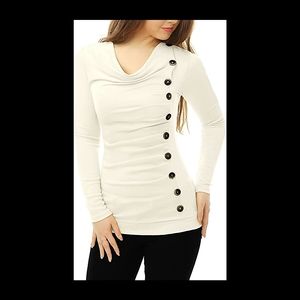 Cowl Neck Long Sleeves Buttons Decor Ruched Top